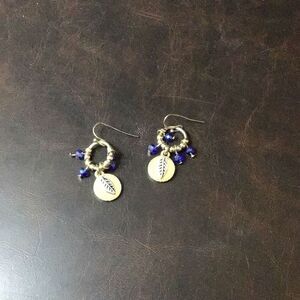 Vintage, goldtone, feather and cobalt blue bead earrings